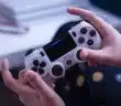 person holding white and black game controller